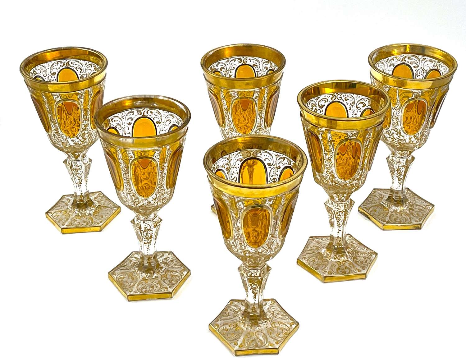 A Set of 6 Antique Moser Glasses Decorated with Amber Jewel Cabouchons