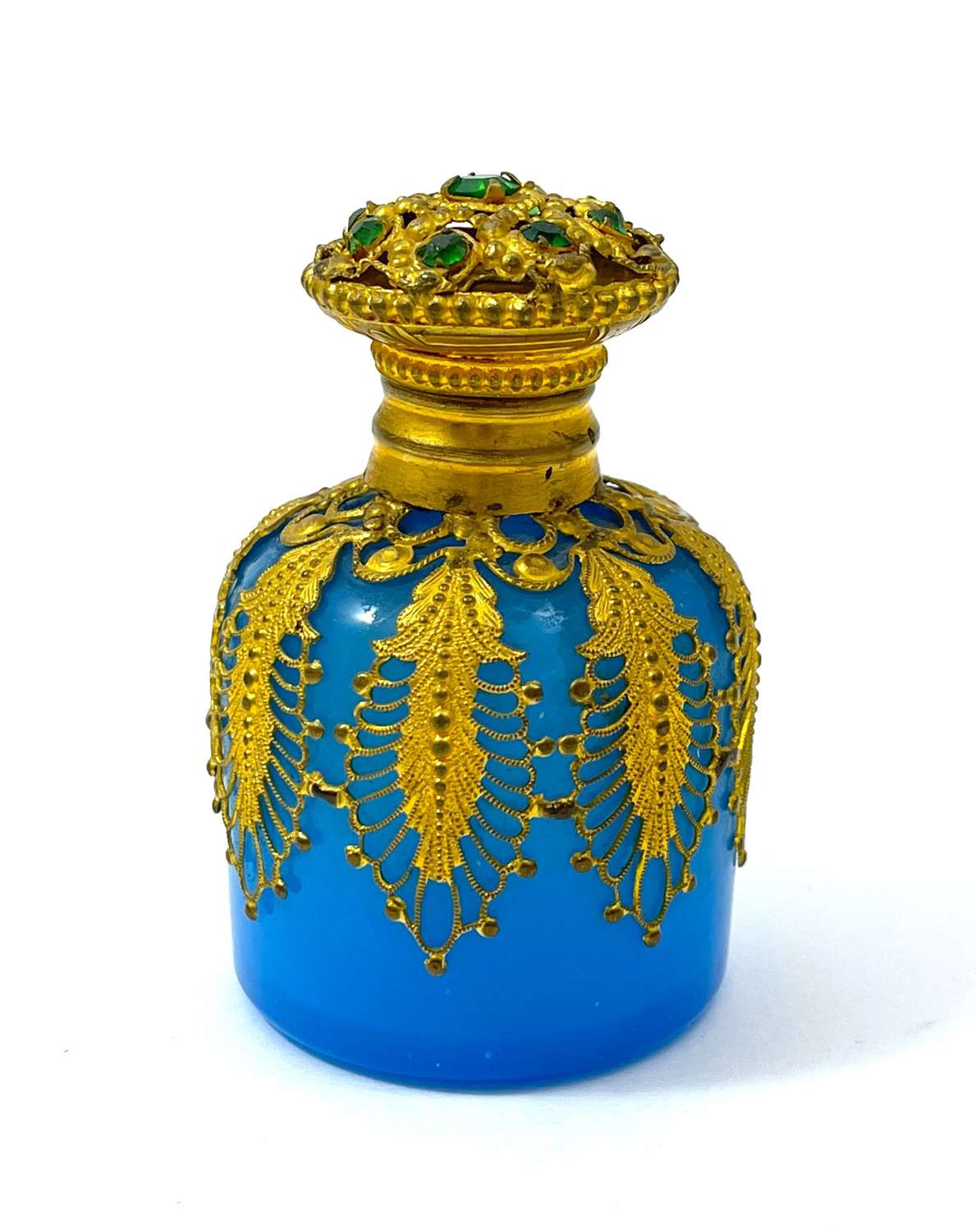 Antique Blue Opaline Glass Perfume Bottle with 'Encrusted Jewels'