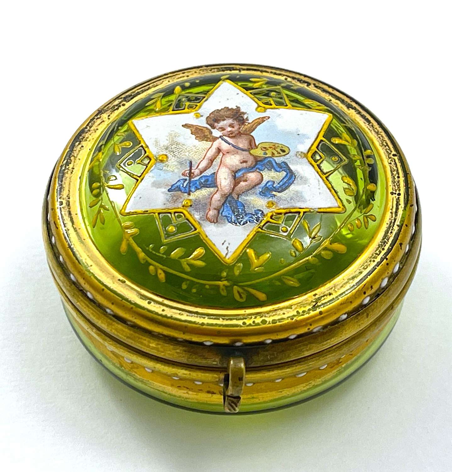 Antique Miniature Glass Pill Box with Cherub