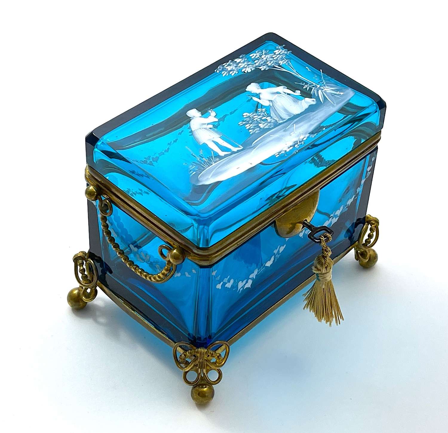 A Large Antique Mary Gregory Turquoise Casket Box & Key.