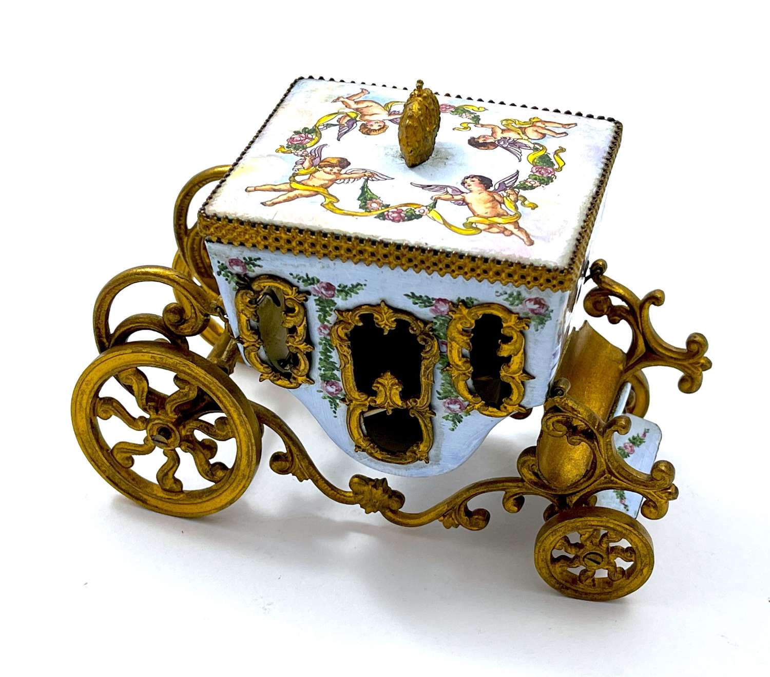 Antique Vienna Enamelled Box in the Form of a Miniature Carriage