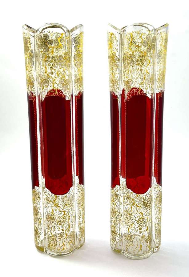 A Pair of Tall Antique Moser Vases Decorated with Red Jewel Cabouchons