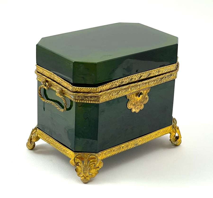 Super Antique Bohemian Green Lithyalin Glass Casket.