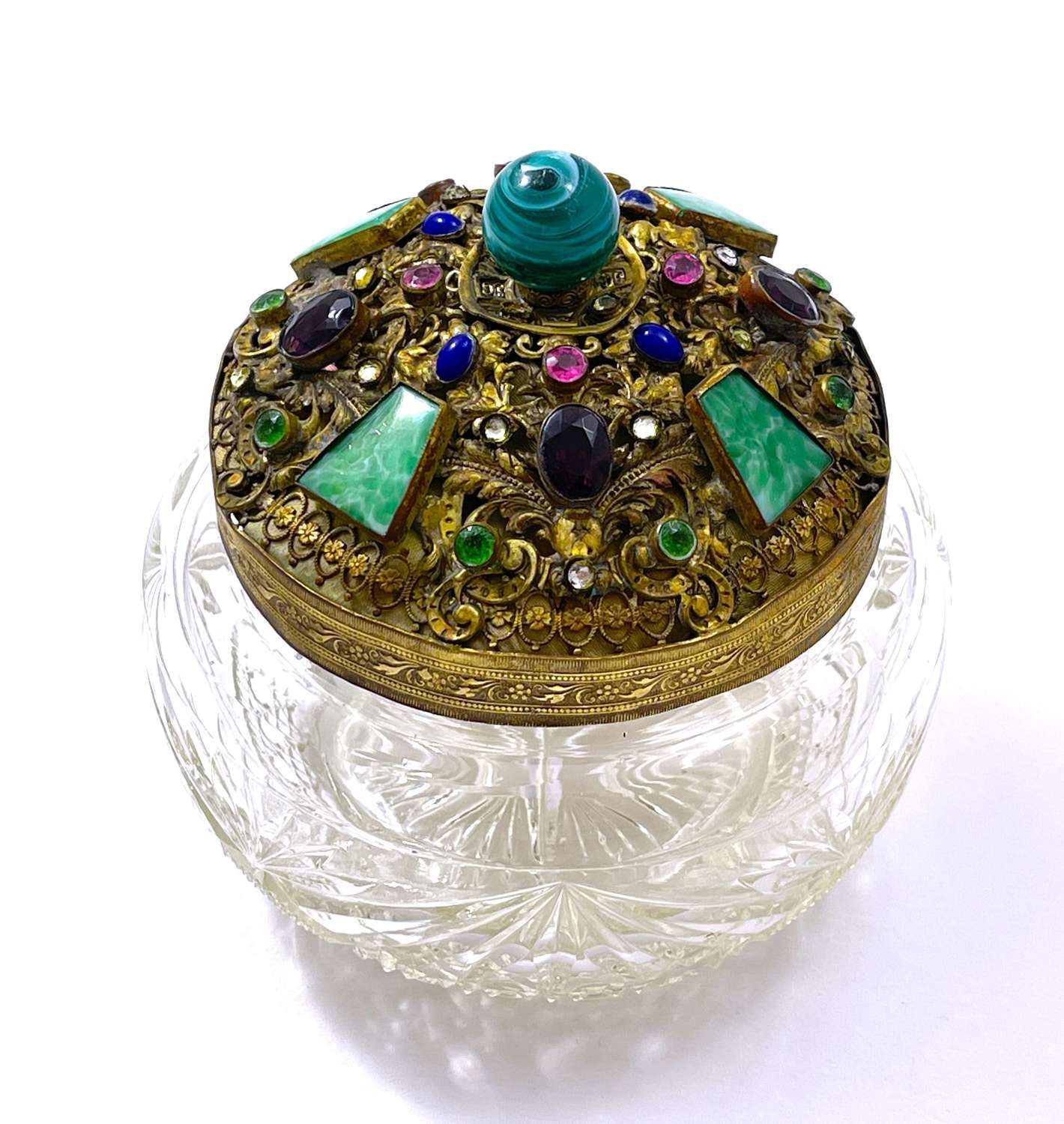 Antique Cut Crystal Box with Dore Bronze Lid Encrusted with Jewels