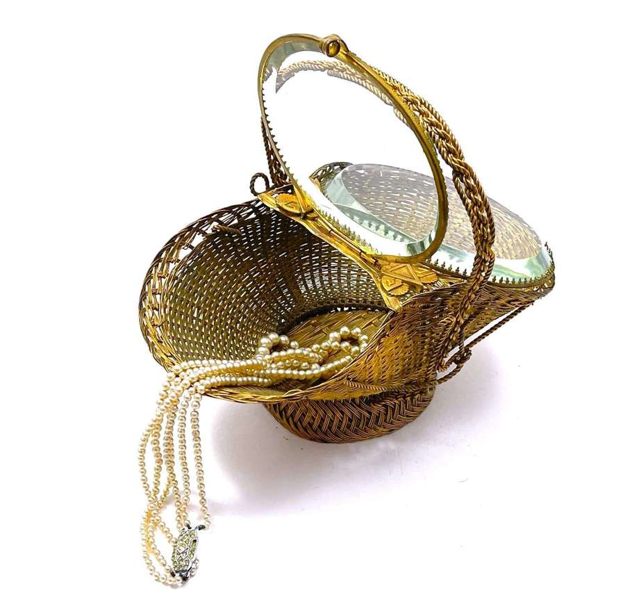 Antique French Dore Bronze and Crystal Basket with Twisted Rope Handle
