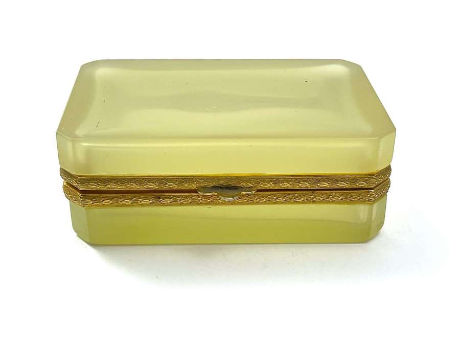 Antique Yellow Opaline Glass Casket Box with Fancy Dore Bronze Mounts