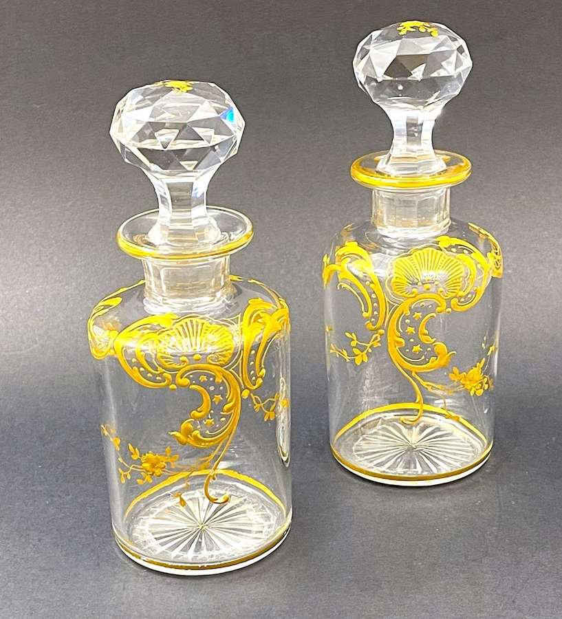 Pair of Antique French St Louis Glass Gold Enamelled Perfume Bottles