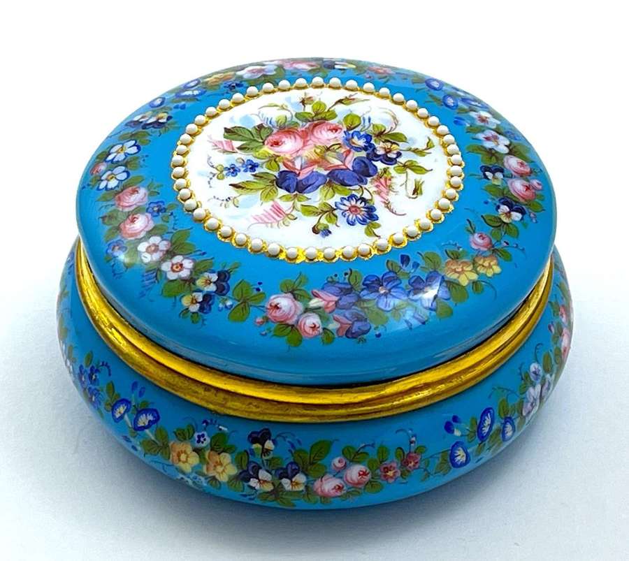 Large Antique French Blue Enamelled Box Decorated with Pretty Flowers