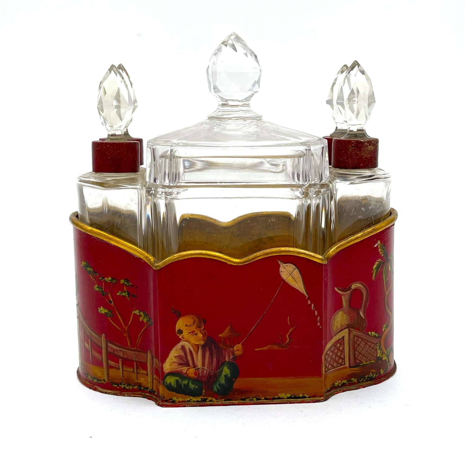 Unusual Antique French 'Tôle Peinte' Perfume Set