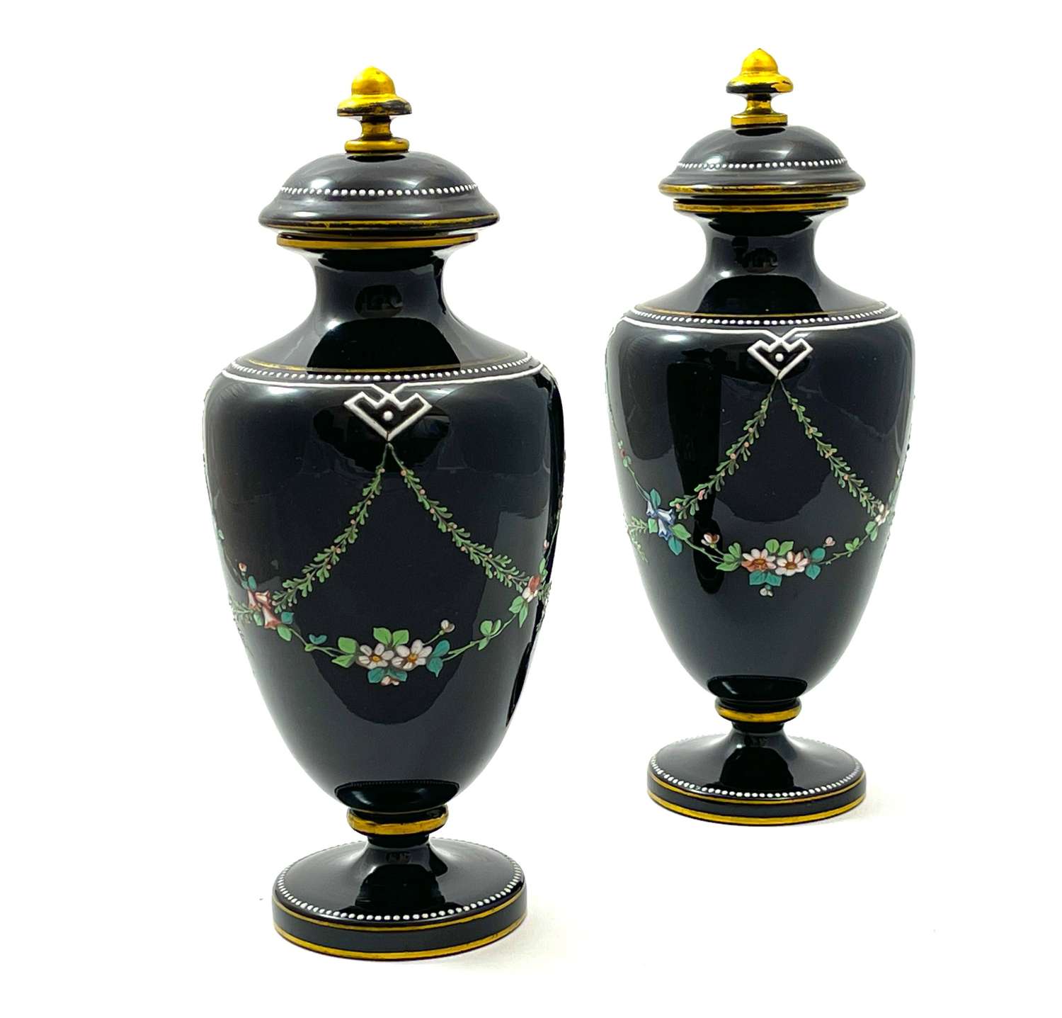 A Pair of Antqiue Black Opaline Glass Vases and Covers