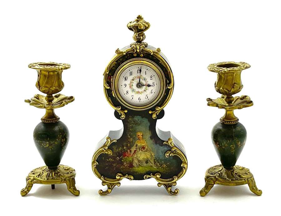 Antique Miniature French Dore Bronze and Wood Clock Set