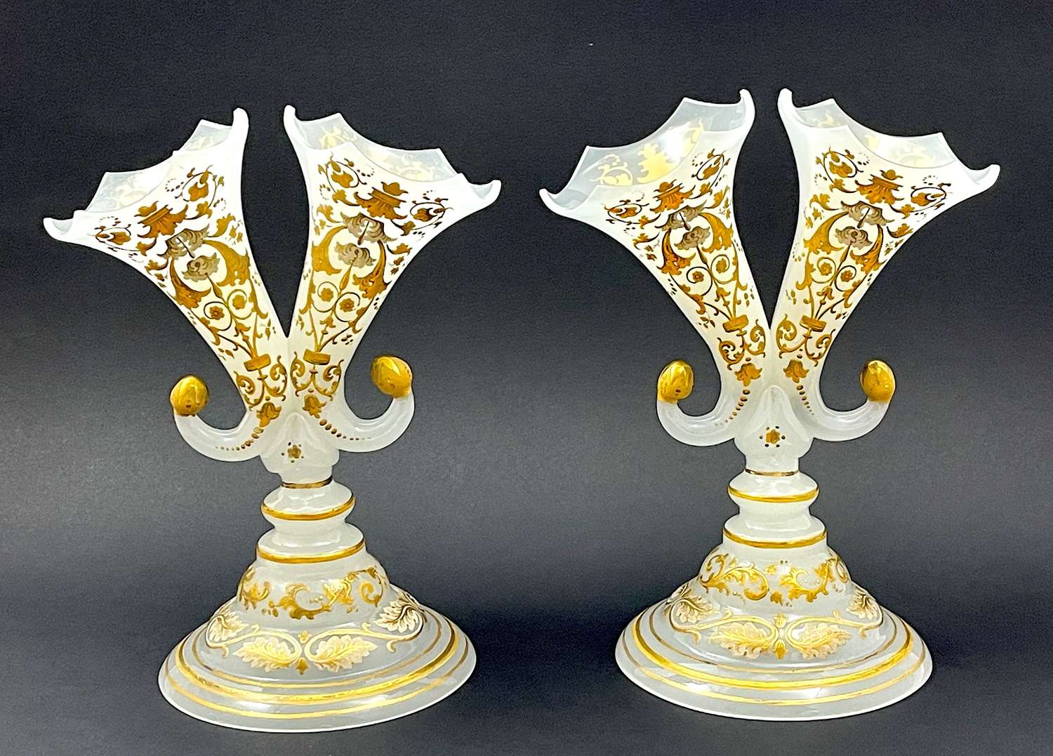 An Pair of Rare Antique Bohemian White Opaline Double Cornucopia Vases