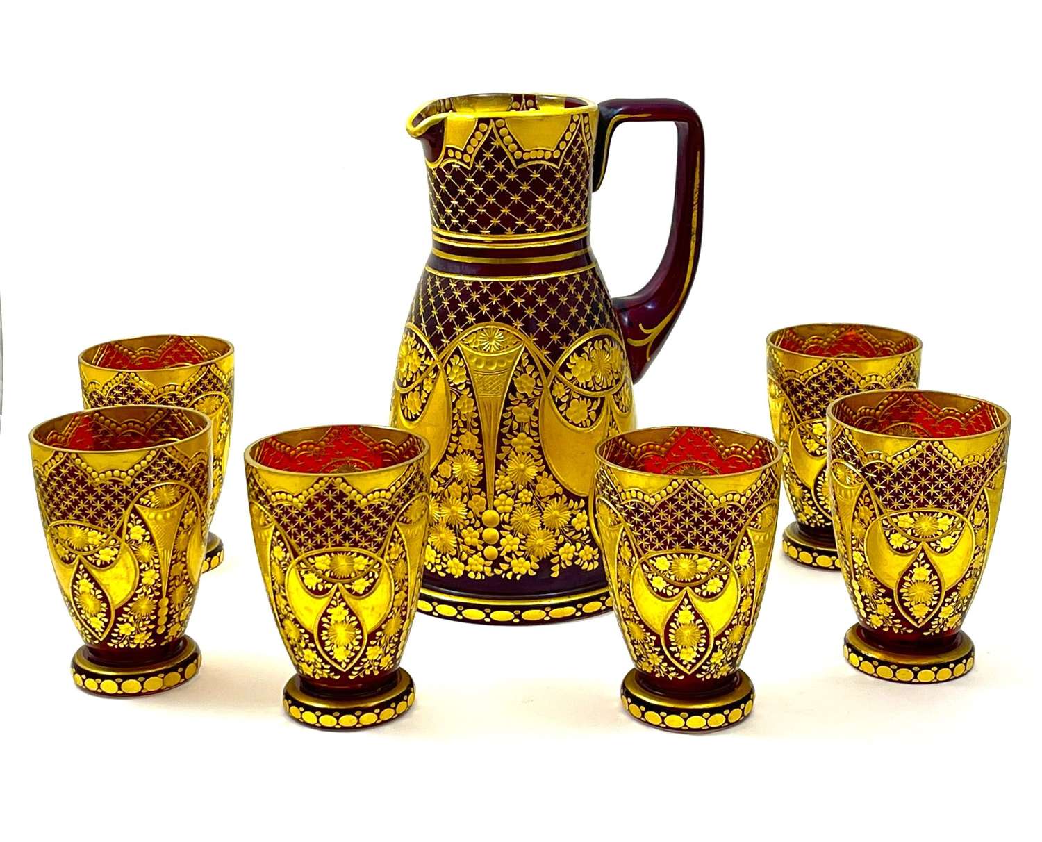High Quality Antique Moser Ruby Red and Gold Drinking Set