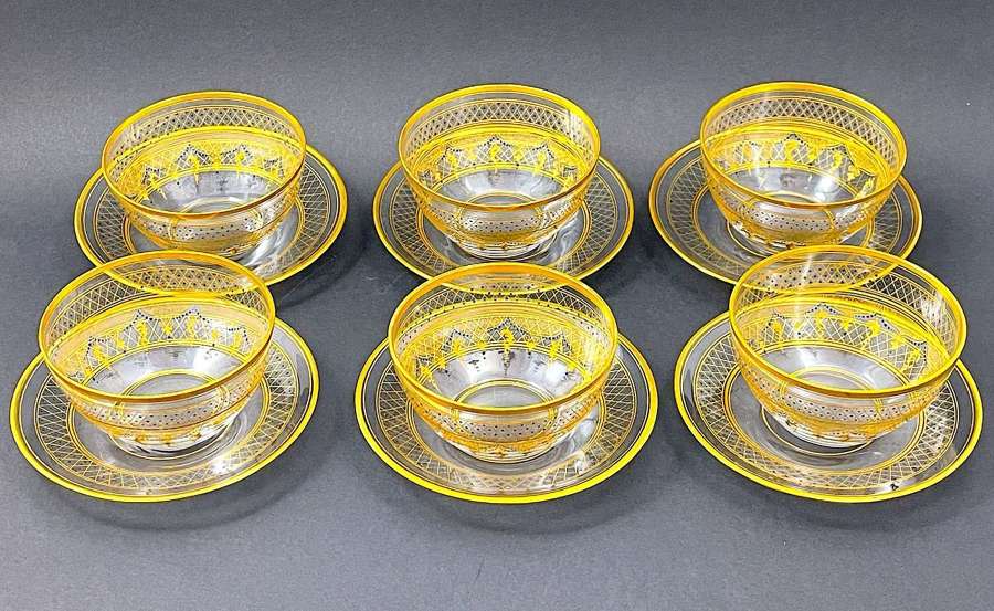 A Beautiful Set of 6 Antique Moser Gilded Bowls and Underplates