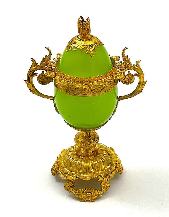 Fine Antique French Green Opaline Glass Egg Box and Cover