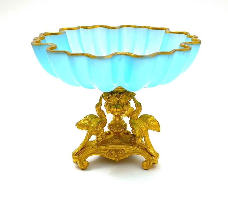 Antique Blue Opaline Glass Bowl Tazza Bowl with Very Fine Dore Bronze