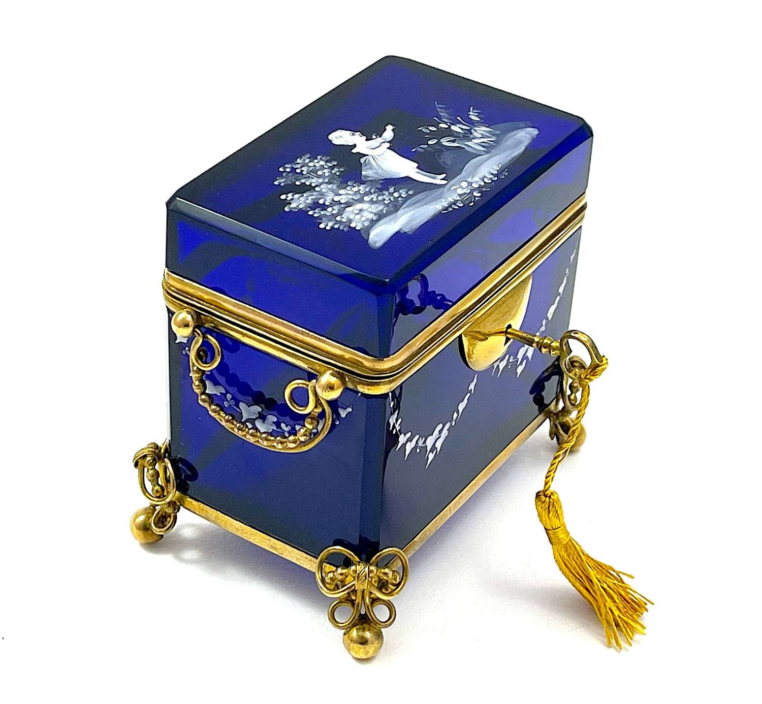 Antique Mary Gregory Cobalt Blue Glass Casket Box & Key.
