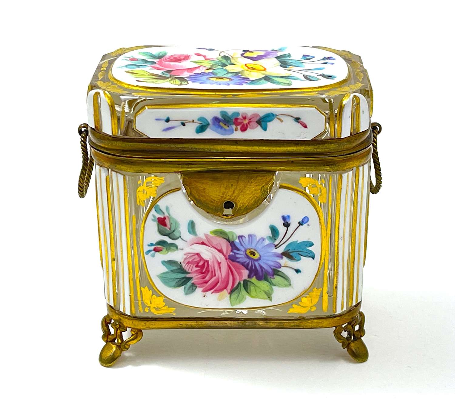 Small Antique Bohemian Overlay Casket Enamelled with Flowers
