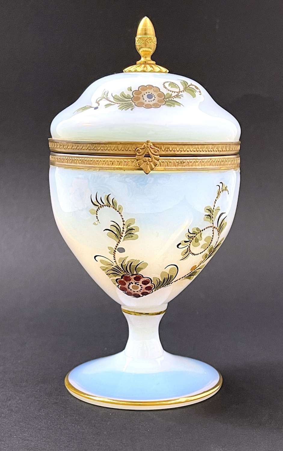 Unusual Antique French Bulle de Savon Opaline Glass Box with Flowers