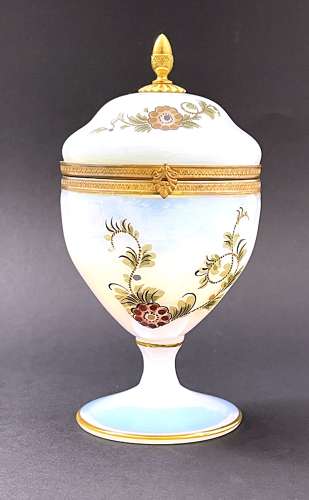 Unusual Antique French Bulle de Savon Opaline Glass Box with Flowers