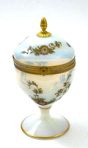 Unusual Antique French Bulle de Savon Opaline Glass Box with Flowers