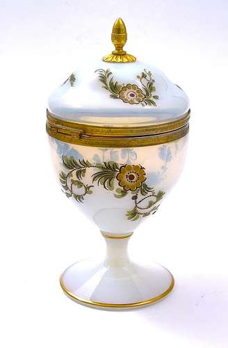 Unusual Antique French Bulle de Savon Opaline Glass Box with Flowers