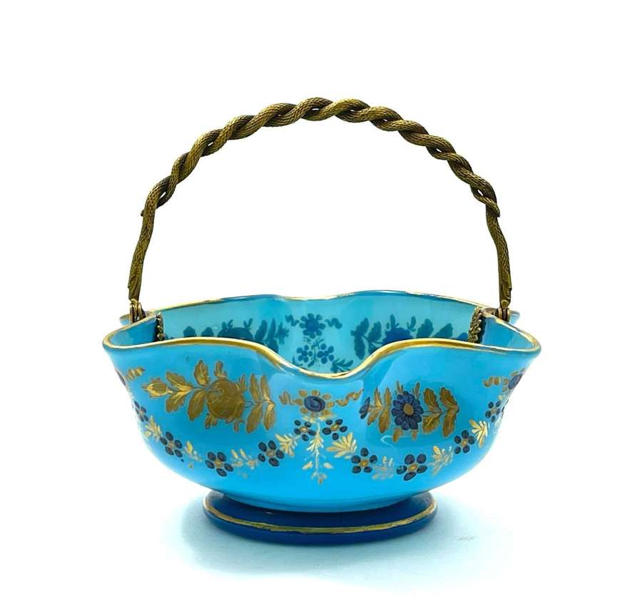 Antique French Charles X Blue Opaline Glass Basket
