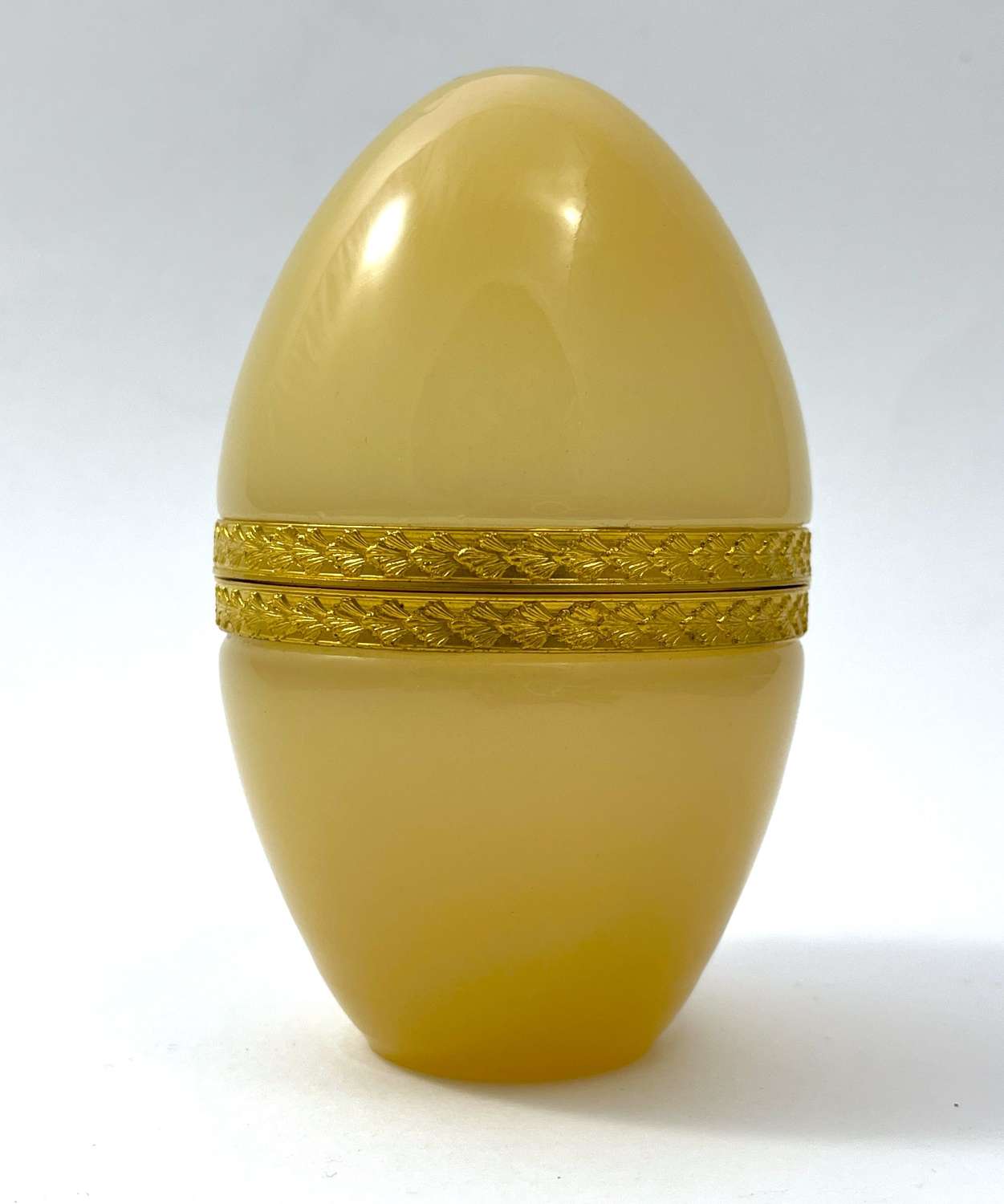 Vintage Apricot Opaline Glass Egg Casket Box Fancy Dore Bronze Mounts 