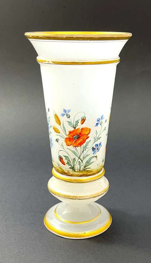 Antique French White Opaline Vase Decorated with Hand Painted Flowers