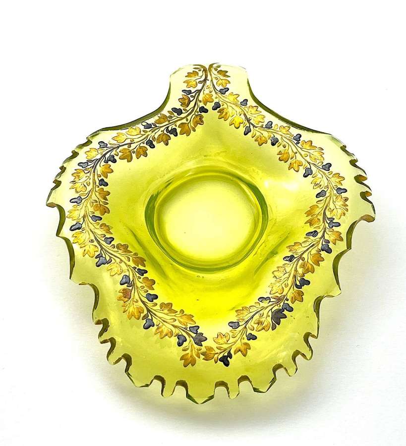 Beautiful Antique Uranium Glass Leaf Dish Decorated in Silver and Gold