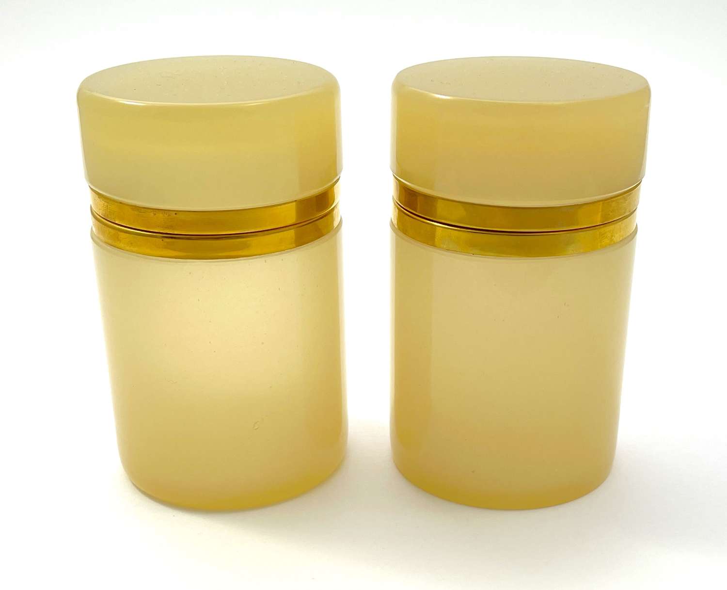 Pair of Vintage Apricot Opaline Glass Cylindrical Caskets