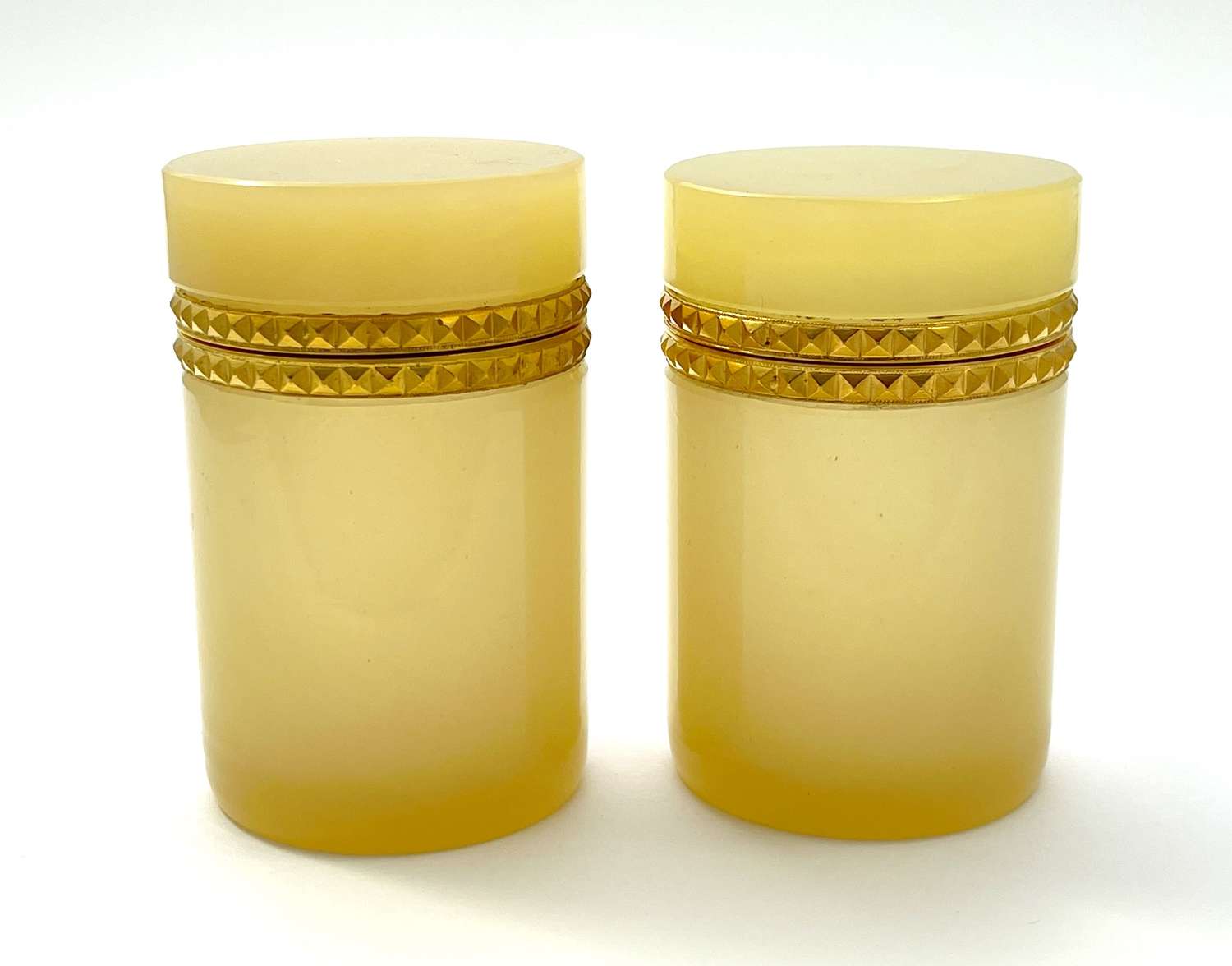 Pair of Vintage Apricot Opaline Glass Cylindrical Caskets