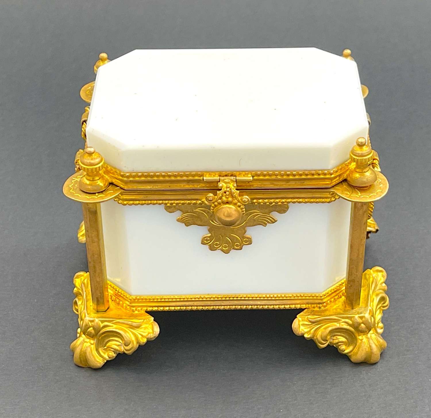 Antique French White Opaline Glass Casket Box with Fancy Dore Bronze