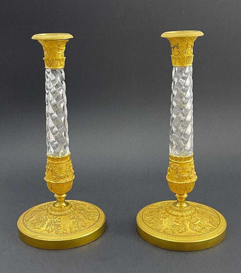 Pair of High Quality Charles X Dore Bronze & Crystal Candlesticks