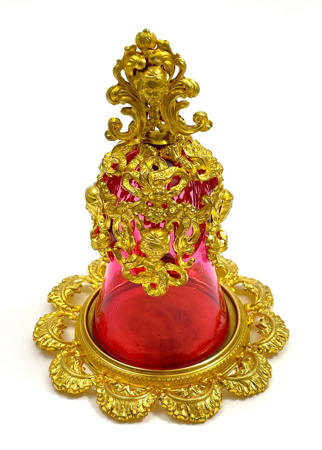 Rare Antique French Cranberry Glass and Dore Bronze Bell.
