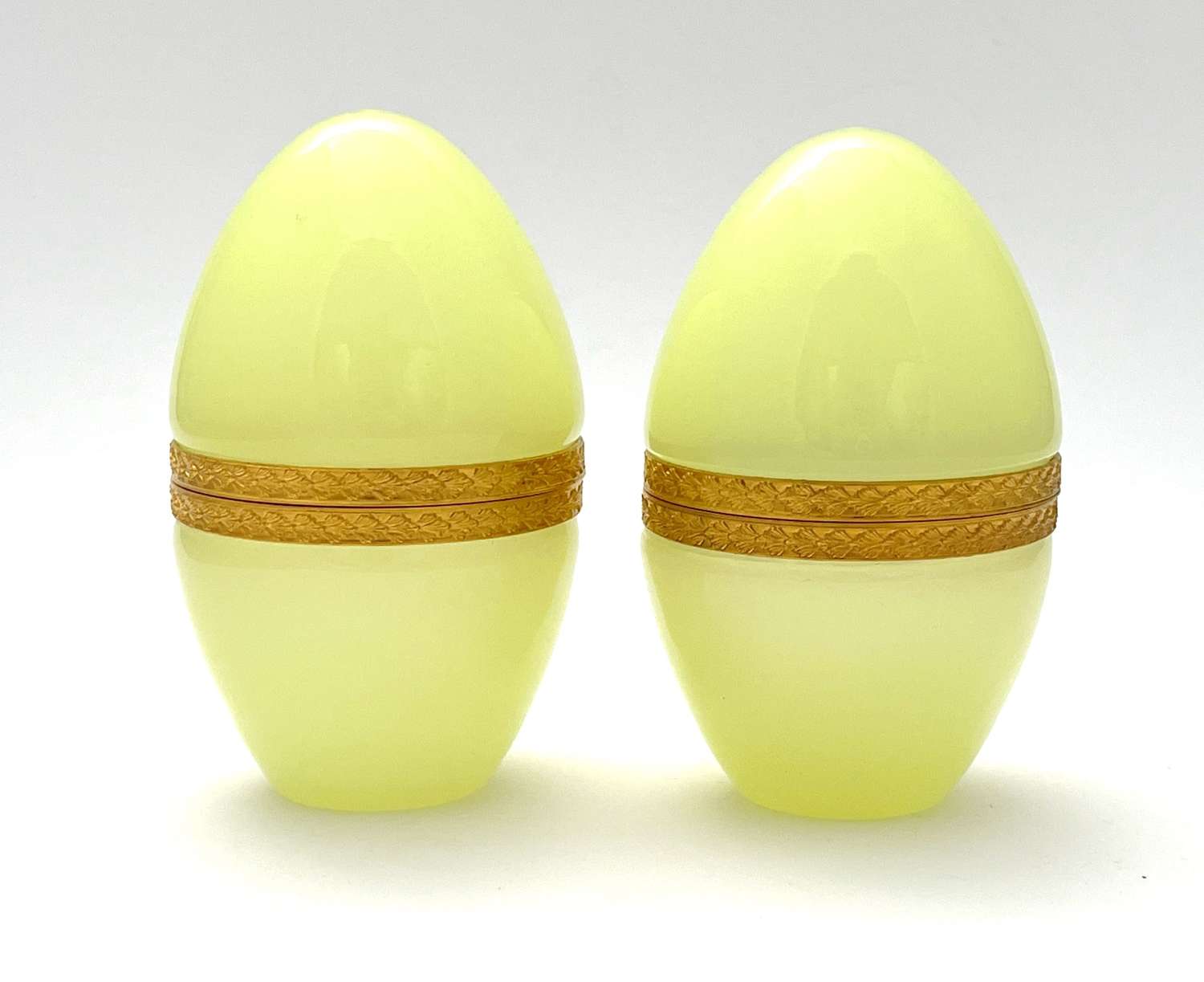 A Pair Antique Murano Lemon Opaline Glass Egg Casket Boxes