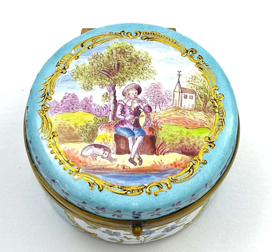 Antique French Turquoise Enamel Box Decorated with a Man and His Dog