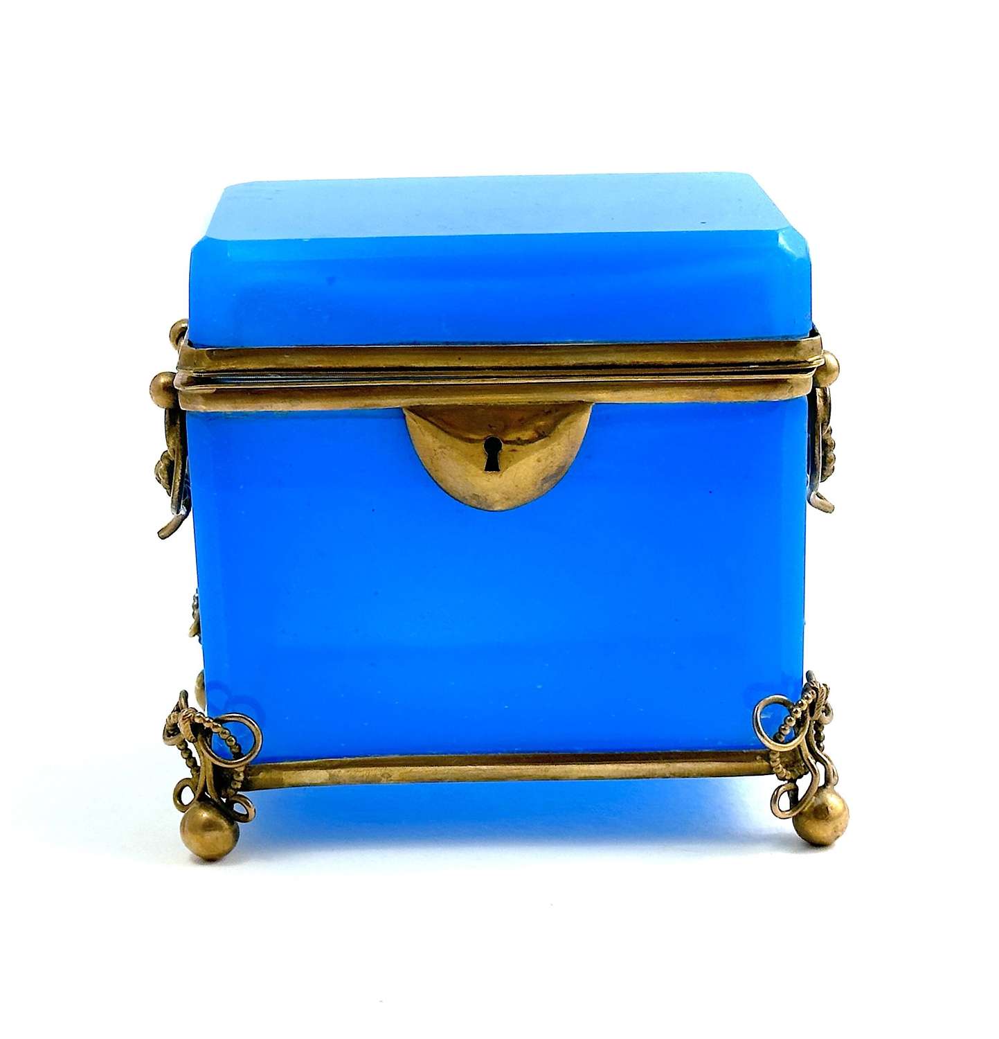 Antique French Blue Opaline Glass Casket Box with Dore Bronze Mounts