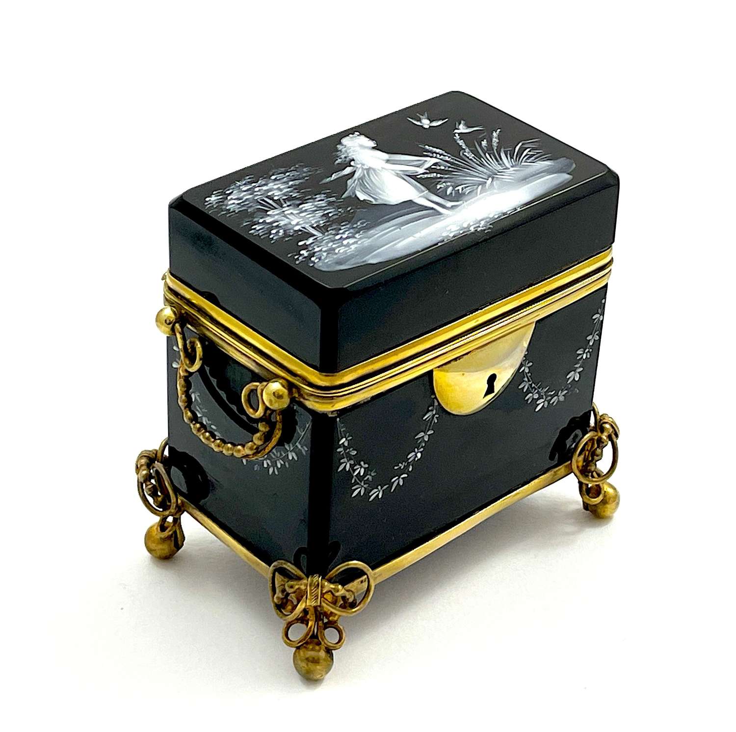 Antique Mary Gregory Black Opaline Glass Casket Box.