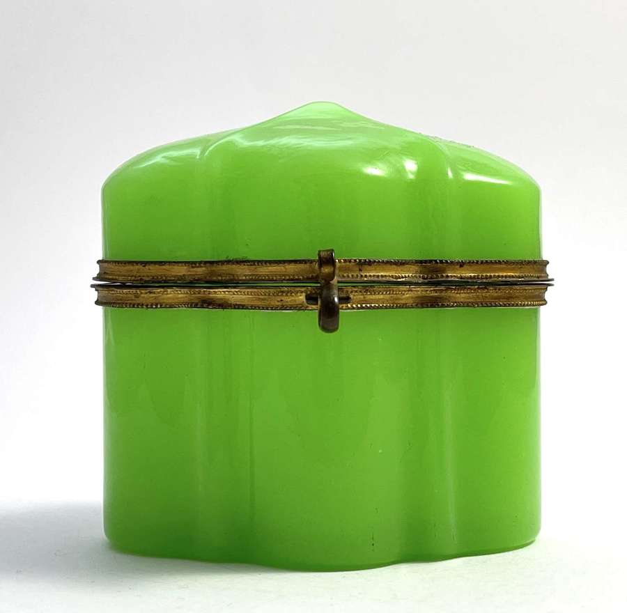 Antique French Green Opaline Glass Casket with an Unusual Domed Lid. 