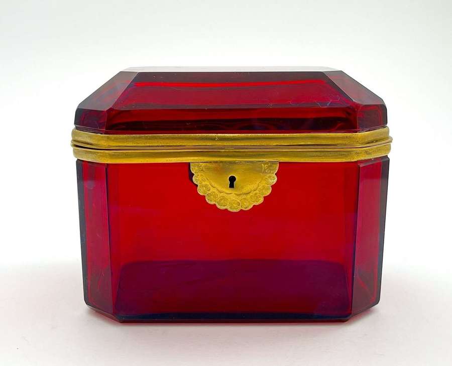 Antique French Ruby Red Glass Casket with Dore Bronze Mounts