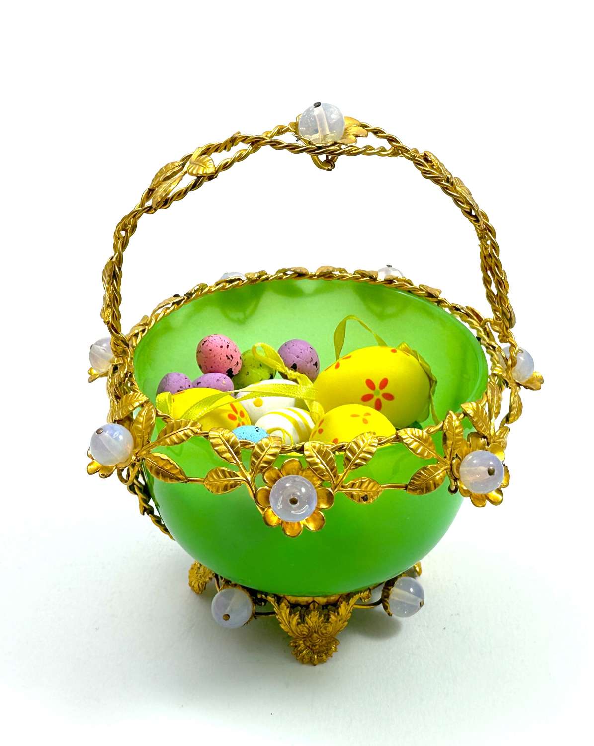 Antique Palais Royal Green Opaline Glass Basket with Fine Dore Mounts