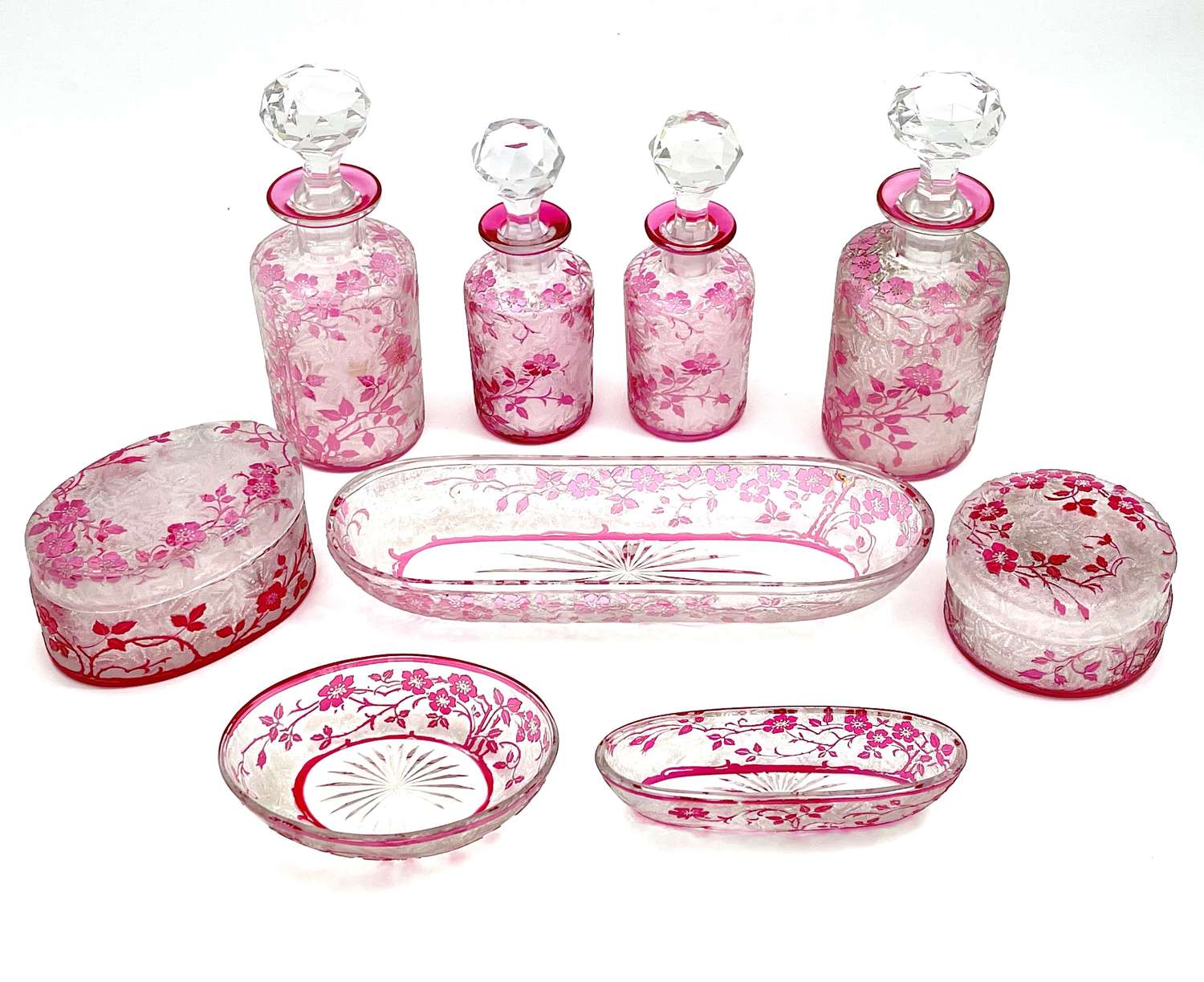 Antique BACCARAT Eglantier Pattern Cranberry Pink Acid Glass Set