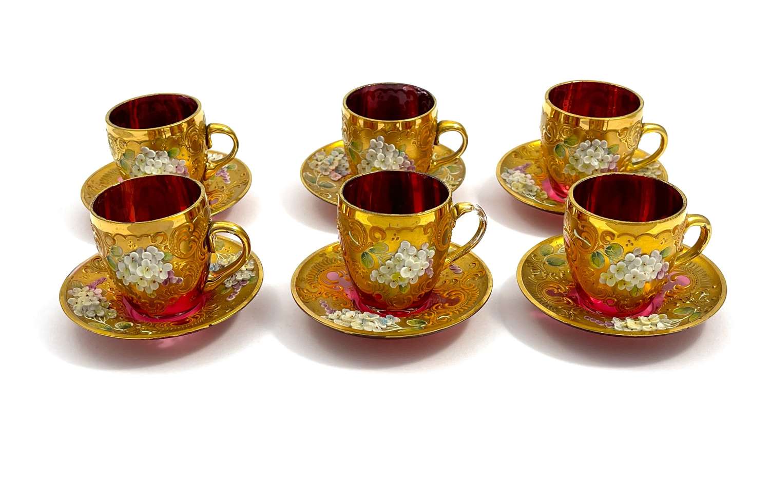 A Set of 6 Antique MOSER Cups and Saucers 
