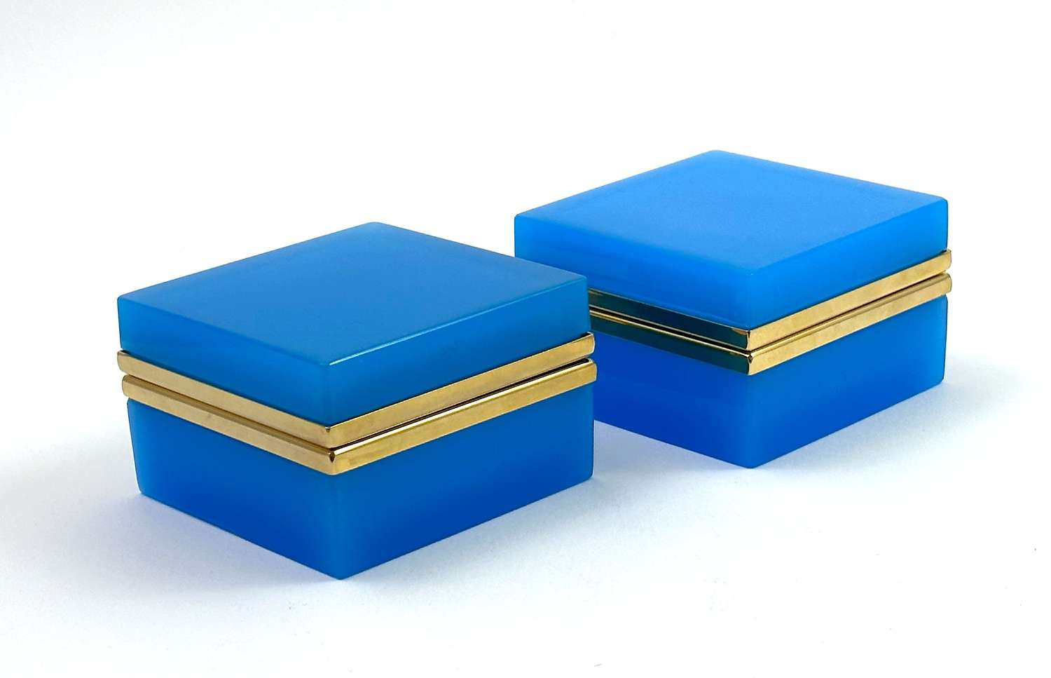 Pair of Elegant Antique Murano Blue Opaline Glass Square Boxes