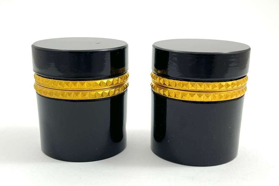 Pair of Small Antique Cylindrical Black Opaline Glass Boxes