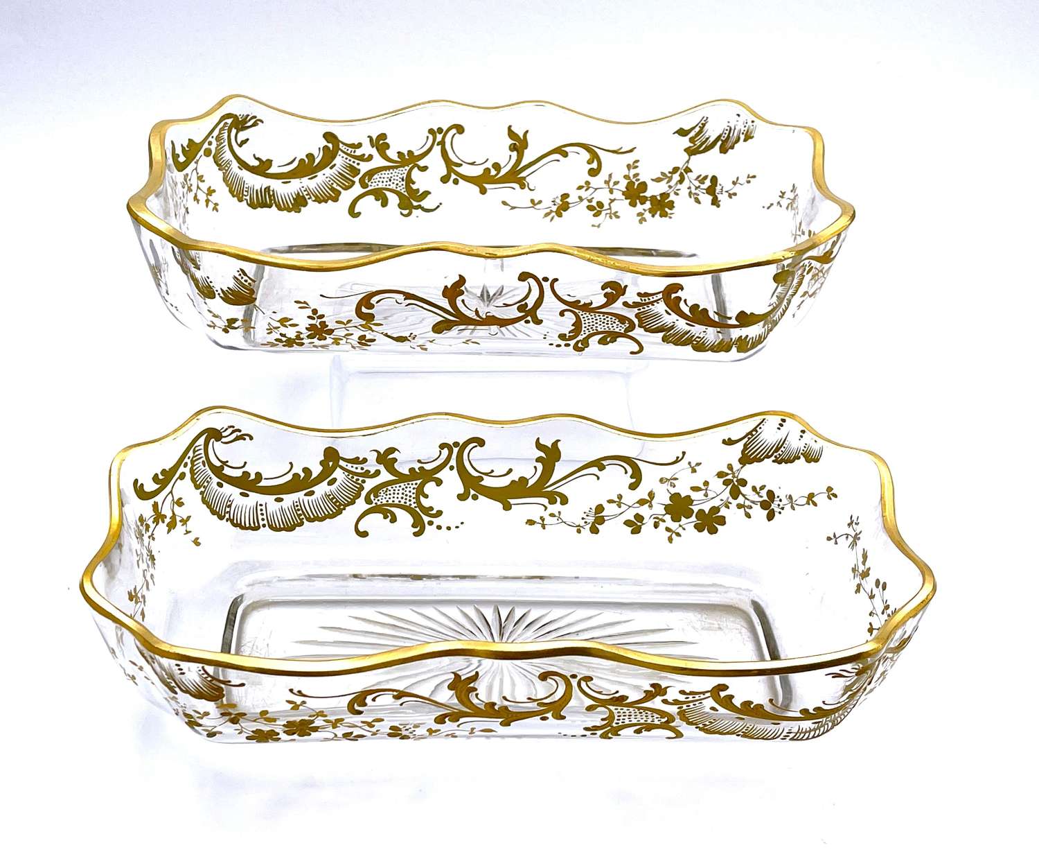 A Pair of Antique St Louis Gold Enamelled Crystal Glass Oval Dishes