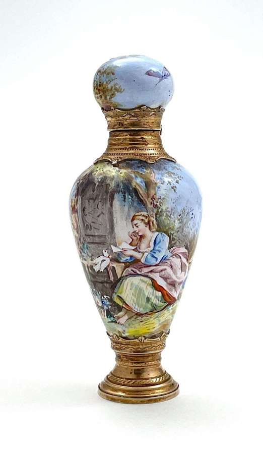 Fine Antique Limoges Enamelled Perfume Bottle with Romantic Scene