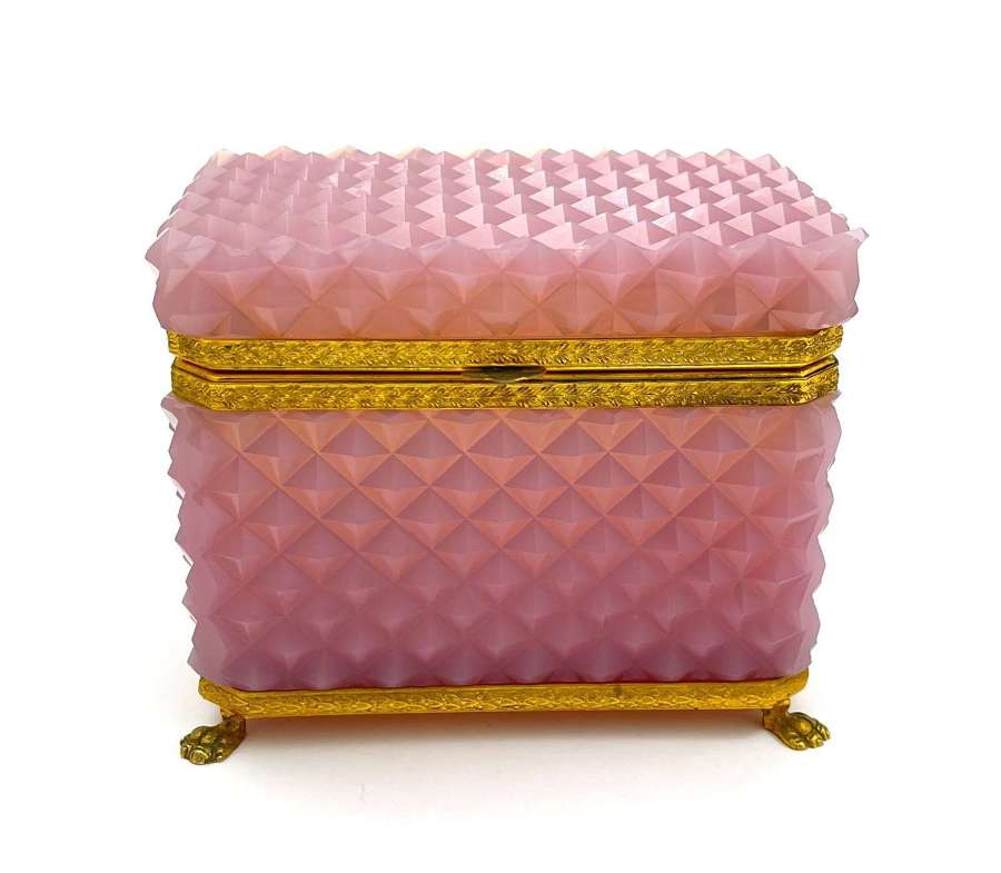 Rare Antique Pink Opaline Diamond Cut Rectangular Casket Box