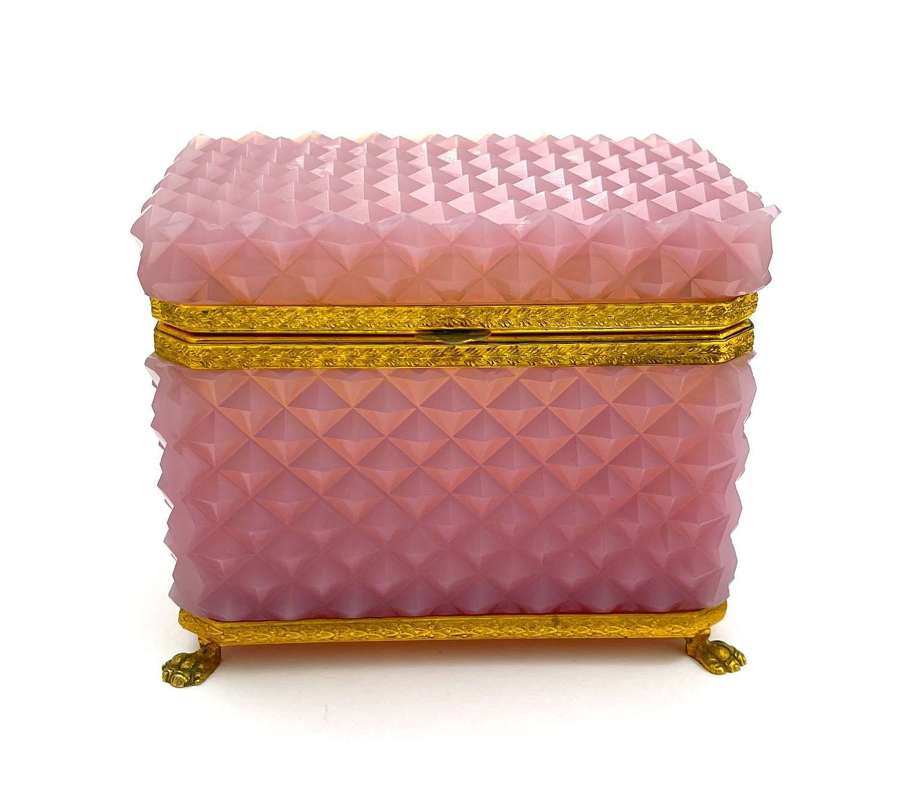 Rare Antique Pink&nbsp;Opaline Diamond Cut&nbsp;Rectangular Casket Box